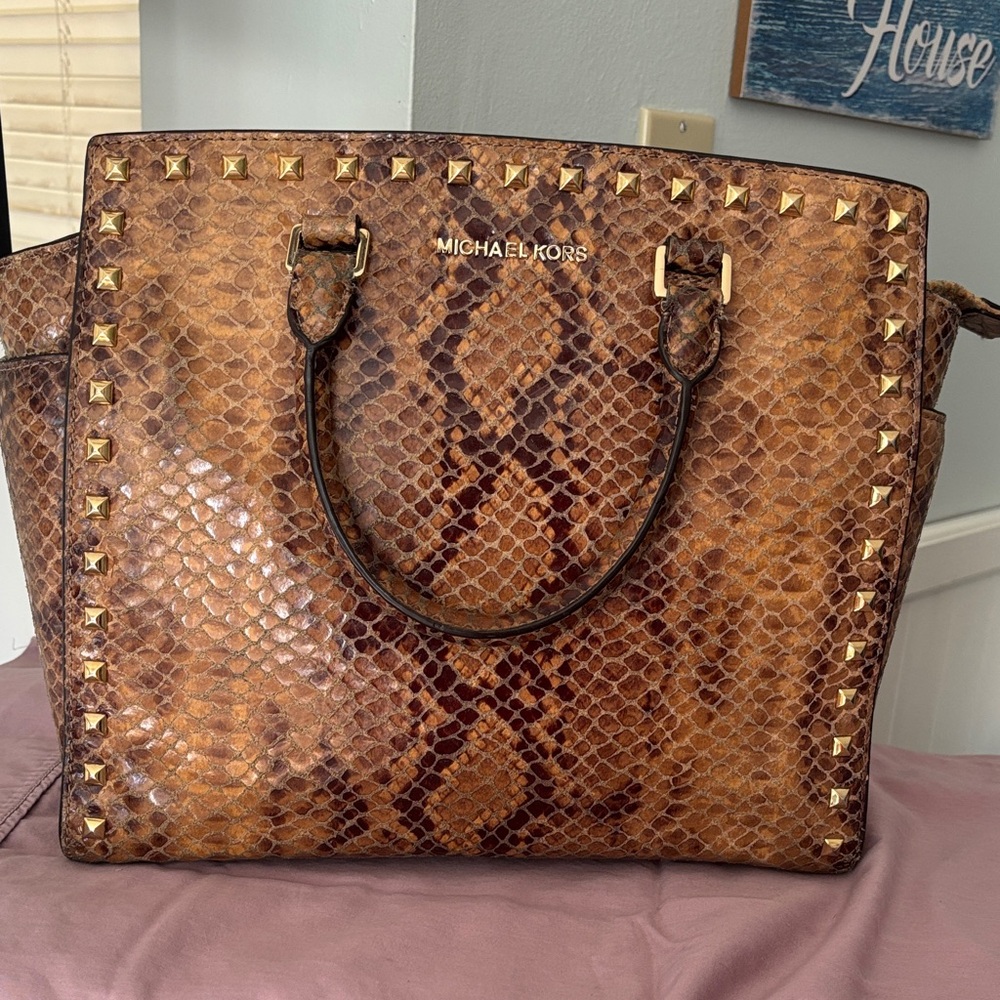 Michael Kors Tan Snake Print Tote with Gold Accents